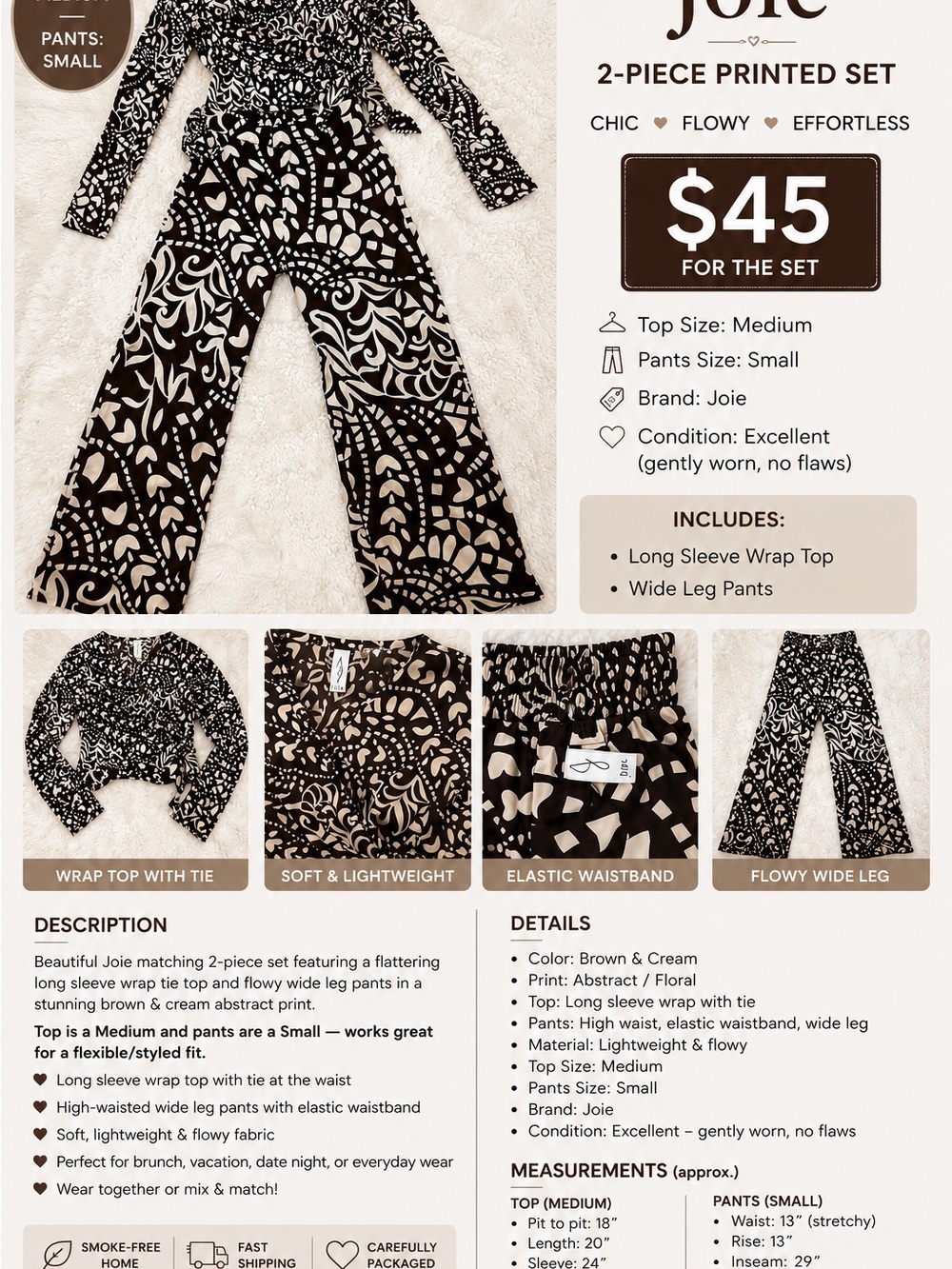 Joie Brown & Cream Abstract Floral Wrap Top and Wide Leg Pants Set